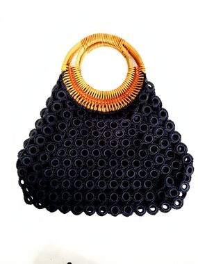 Handwoven Black Circle-Pattern Tote with Natural Bamboo Handles